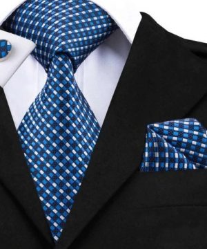 Pánska kravatová sada - kravata + manžety + vreckovka s modrými štvorčekmi