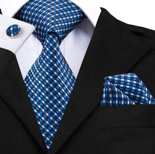 Pánska kravatová sada - kravata + manžety + vreckovka s modrými štvorčekmi