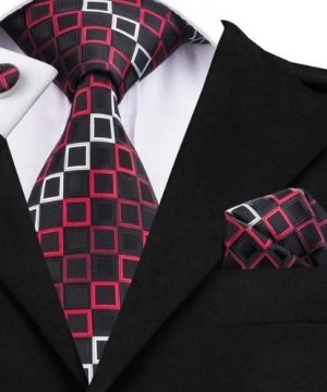 Pánska kravatová sada - kravata + manžety + vreckovka s červenými štvorčekmi