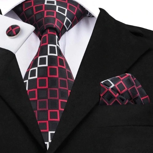 Pánska kravatová sada - kravata + manžety + vreckovka s červenými štvorčekmi