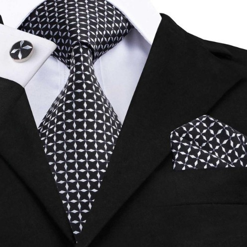 Pánska kravatová sada - kravata + manžety + vreckovka v čierno-bielej farbe