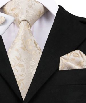 Pánska sada - kravata + manžety + vreckovka s krémovým vzorom