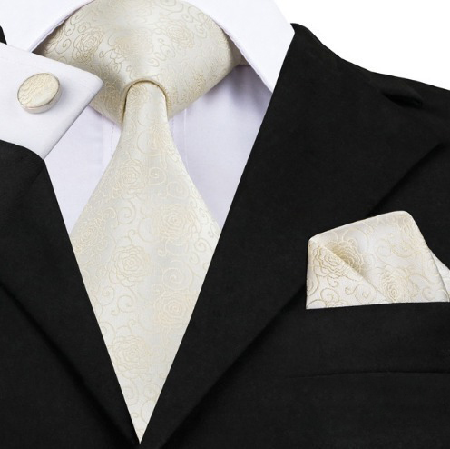 Pánska sada - kravata + manžety + vreckovka so krémovým vzorom