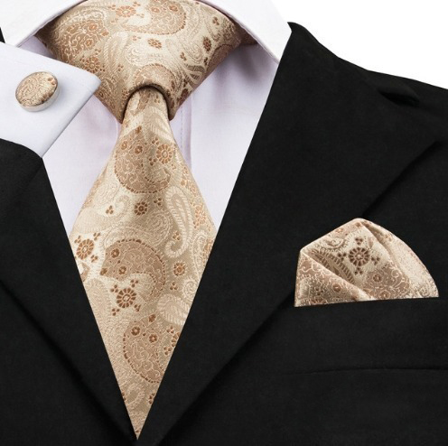 Pánska sada - kravata + manžety + vreckovka so svetlo hnedým vzorom