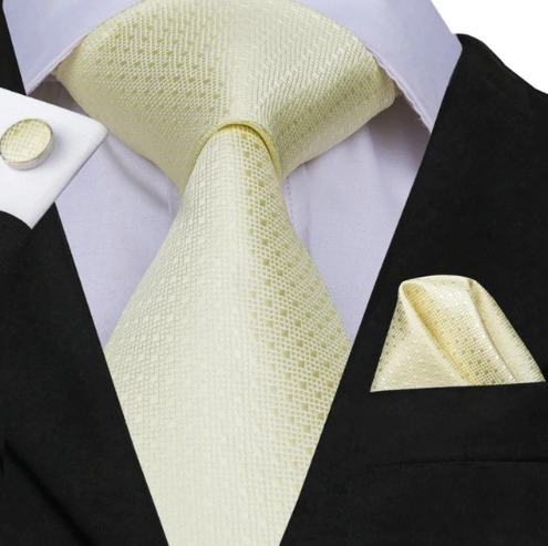 Pánska sada - kravata + manžety + vreckovka so svetlo-žltým vzorom