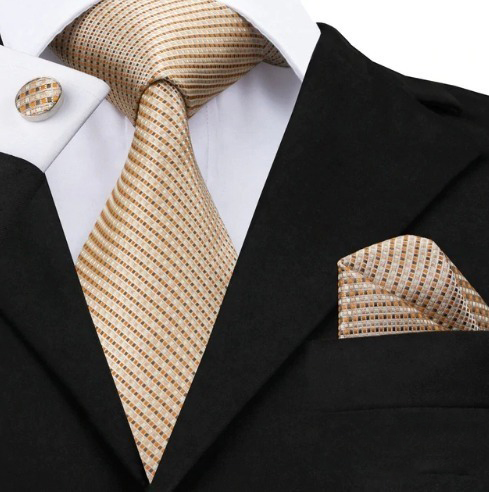 Pánska sada - kravata + manžety + vreckovka v svetlo hnedej štruktúre
