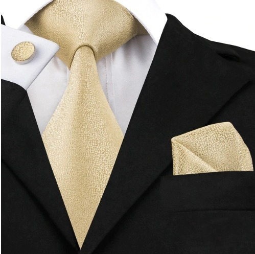 Pánska sada - kravata + manžety + vreckovka v svetlo žltej štruktúre