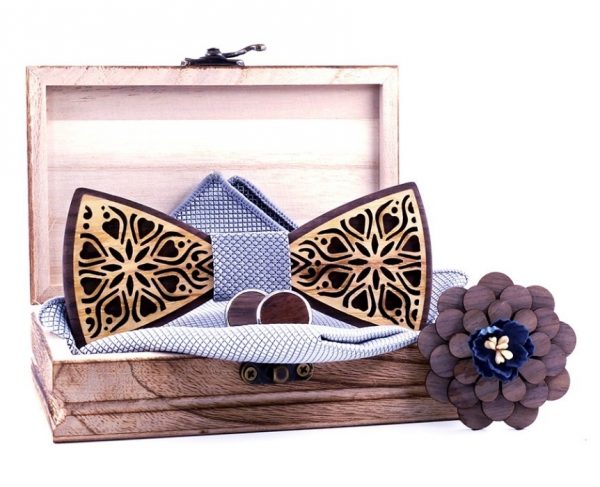 Dvojfarebný set - drevený motýlik+brošňa+manžety+vreckovka
