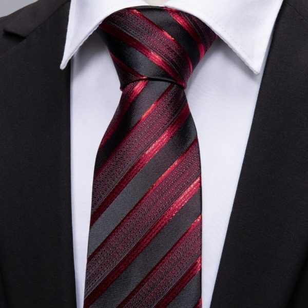 Pánsky kravatový set - kravata + manžety + vreckovka s červenými pásikmi
