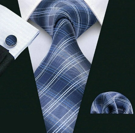 Pánsky set - kravata + manžety + vreckovka s modrým vzorom
