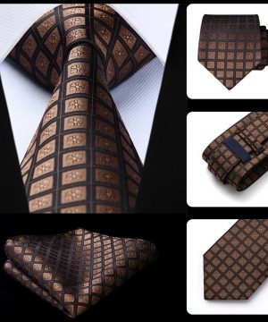 Pánska kravata a vreckovka - hodvábny set s hnedými štvorčekmi