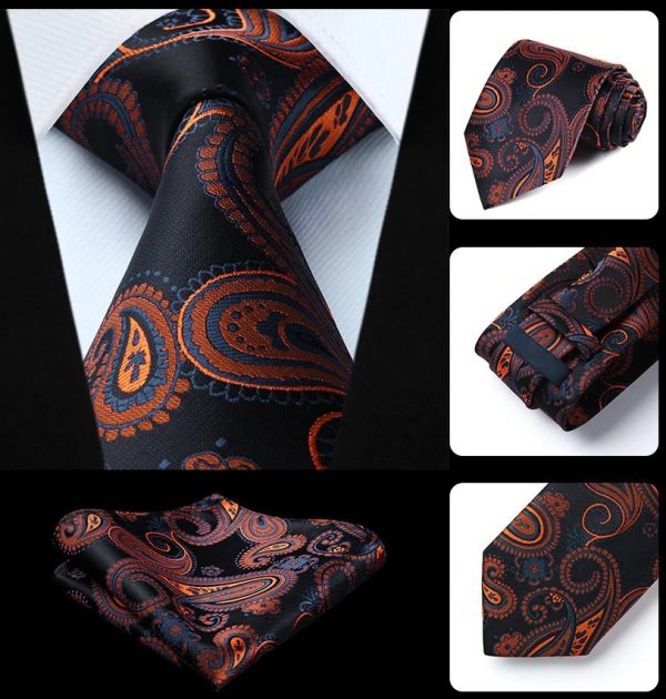 Pánska kravata a vreckovka - hodvábny set s čierno-pomarančovým vzorom