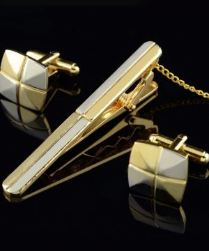 Luxusný pánsky set - manžety a kravatová spona - zlato-strieborný kríž