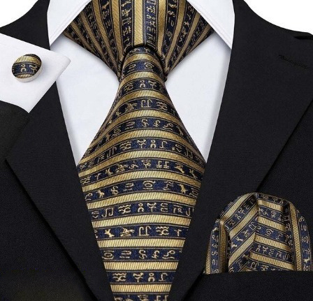 Kravatový set - kravata + manžety + vreckovka so zlatými hieroglyflmi