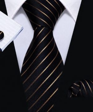 Pánsky kravatový set - kravata + manžety + vreckovka s medenými pásikmi