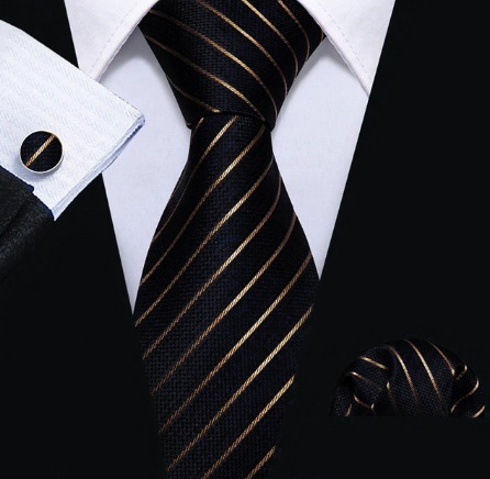 Pánsky kravatový set - kravata + manžety + vreckovka s medenými pásikmi
