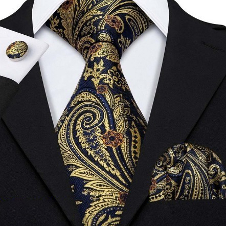 Pánsky kravatový set - kravata + manžety + vreckovka v modro-zlatej farbe