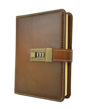 Veľký kožený zápisník z prírodnej kože na heslový zámok, ručne tieňovaný, hnedá farba