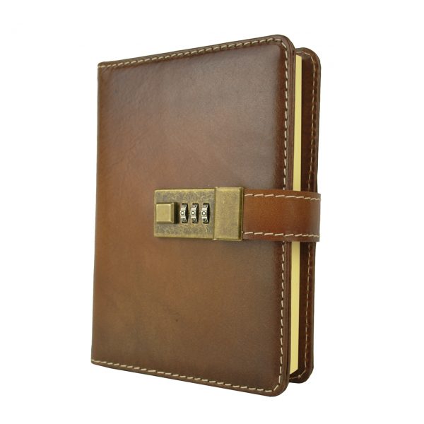 Veľký kožený zápisník z prírodnej kože na heslový zámok, ručne tieňovaný, hnedá farba