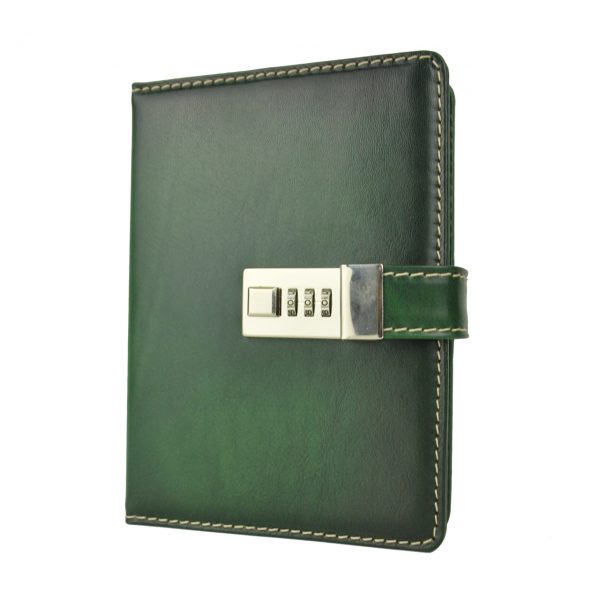 Veľký kožený zápisník z prírodnej kože na heslový zámok, ručne tieňovaný, zelená farba