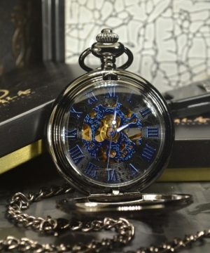 Štýlové samo-naťahovacie pánske vreckové hodinky s modrým ciferníkom