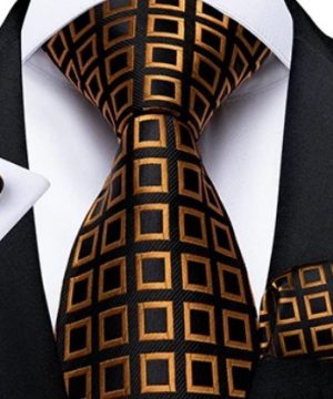 Zlato-medená sada so štvorčekovým vzorom - kravata + manžetové gombíky + vreckovka