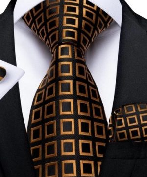 Zlato-medená sada so štvorčekovým vzorom - kravata + manžetové gombíky + vreckovka