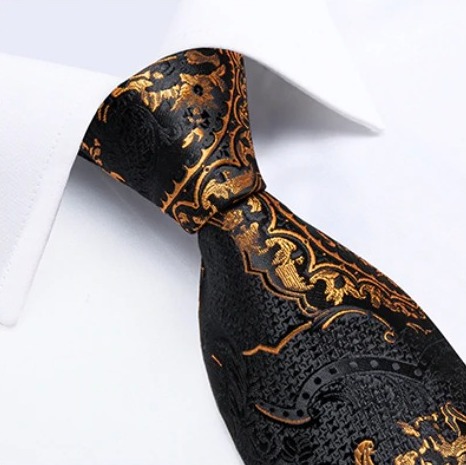 Pánska kravatová sada s gombíkmi a vreckovkou s čierno-zlatým vzorom
