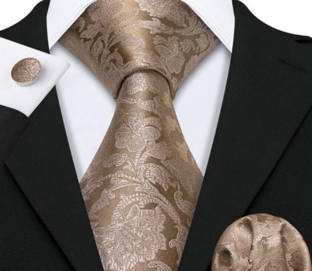 Pánska kravatová sada s gombíkmi a vreckovkou so svetlo-hnedým vzorom
