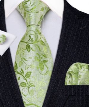 Pánska kravatová sada s gombíkmi a vreckovkou so svetlo zeleným vzorom