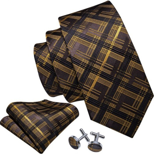 Pánska kravatová sada s gombíkmi a vreckovkou so zlato-čiernym vzorom