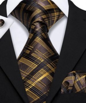 Pánska kravatová sada s gombíkmi a vreckovkou so zlato-čiernym vzorom