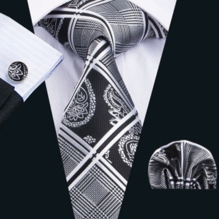 Pánsky kravatový set - kravata, manžety a vreckovka s bielo-čiernym vzorom