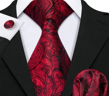 Pánsky kravatový set - kravata, manžety a vreckovka s bordovým vzorom