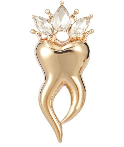 Luxusná brošňa na oblečenie v tvare zlatého zubu s korunkou