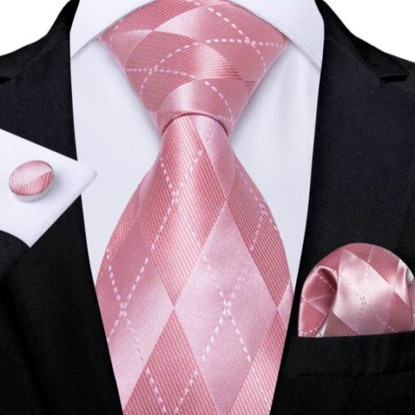 Kravatová sada - kravata, manžetové gombíky, vreckovka s ružovým vzorom