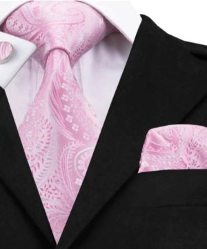 Kravatový set - kravata, manžetové gombíky, vreckovka s ružovým vzorom