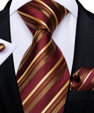 Pánsky kravatový set - kravata, manžetové gombíky a vreckovka so zlato-bordovými pásikmi