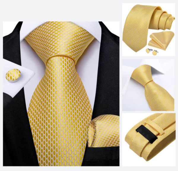 Pánsky kravatový set - kravata, manžetové gombíky a vreckovka so zlatým vzorom