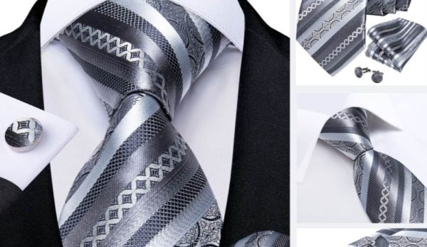 Prepracovaný set - kravata, manžety a vreckovka v strieborno-sivom spracovaní