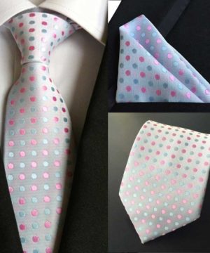 Pánska kravata a vreckovka - hodvábny set s ružovými a tyrkysovými bodkami