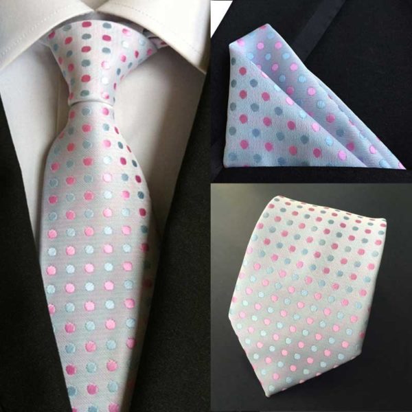 Pánska kravata a vreckovka - hodvábny set s ružovými a tyrkysovými bodkami
