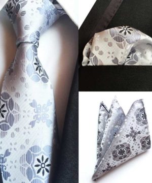 Pánska kravata a vreckovka - kravatový set so strieborným vzorom