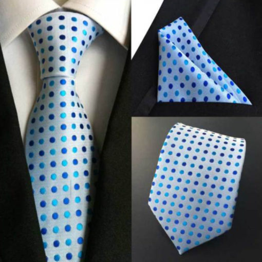 Moderná kravata a vreckovka - kravatová sada s modrými bodkami