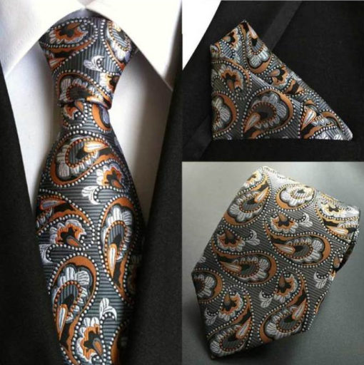 Moderná kravata a vreckovka - kravatová sada so sivým vzorom