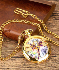 Luxusné zlaté vreckové hodinky so smaltovanou vážkou