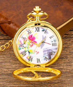 Luxusné zlaté vreckové hodinky so smaltovanou vážkou