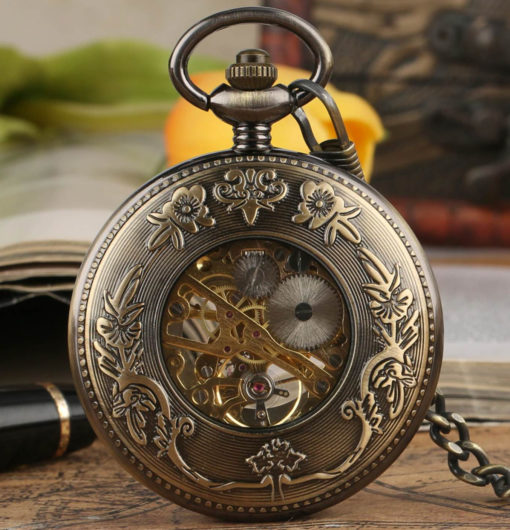 Prepracované vreckové pánske hodinky v bronzovej farbe s drevom