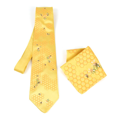 Pánska hodvábna kravata a vreckovka v zlatej farbe farbe, Slovenská výroba - Včelí úľ