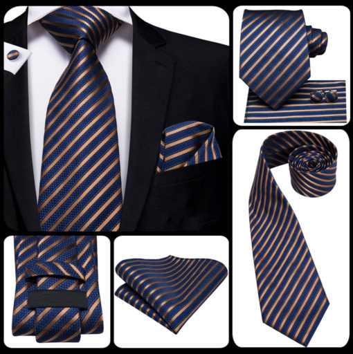 Luxusná pánska kravatová sada s modrými a medenými pásikmi